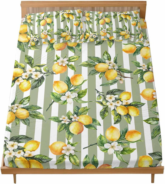 3 Pieces Twin Fitted Sheet Set, Vintage Farm Lemon Flowers Deep Pocket Up to 16", Yellow Fruit on Sage Green Stripe Soft Elastic Bed Sheets and Pillow Cases Secure Fit