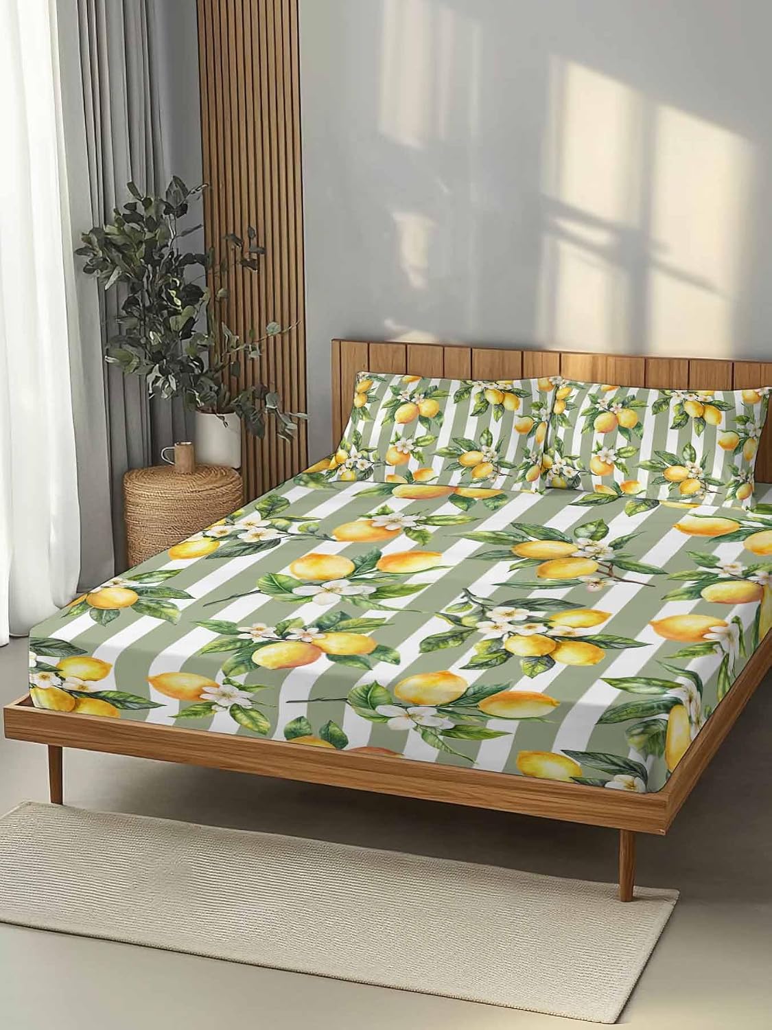 3 Pieces Twin Fitted Sheet Set, Vintage Farm Lemon Flowers Deep Pocket Up to 16", Yellow Fruit on Sage Green Stripe Soft Elastic Bed Sheets and Pillow Cases Secure Fit