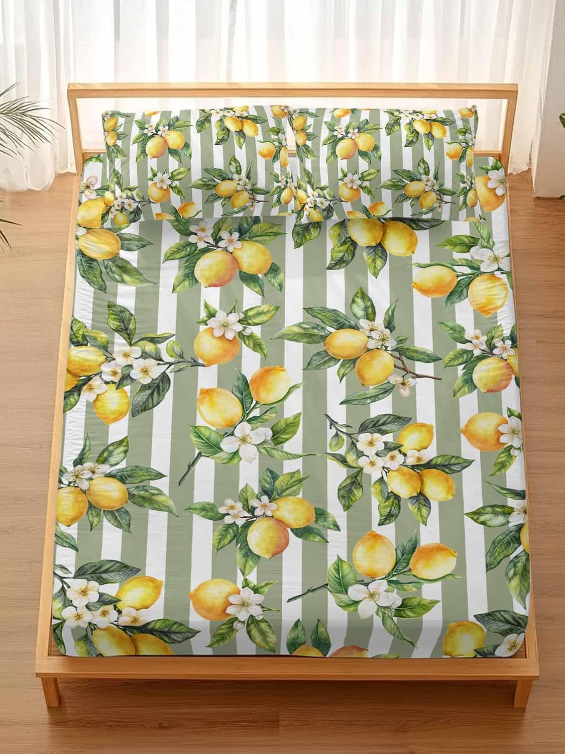 3 Pieces Twin Fitted Sheet Set, Vintage Farm Lemon Flowers Deep Pocket Up to 16", Yellow Fruit on Sage Green Stripe Soft Elastic Bed Sheets and Pillow Cases Secure Fit