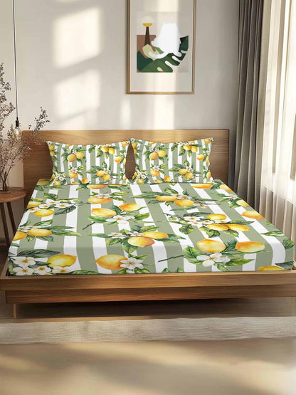 3 Pieces Twin Fitted Sheet Set, Vintage Farm Lemon Flowers Deep Pocket Up to 16", Yellow Fruit on Sage Green Stripe Soft Elastic Bed Sheets and Pillow Cases Secure Fit