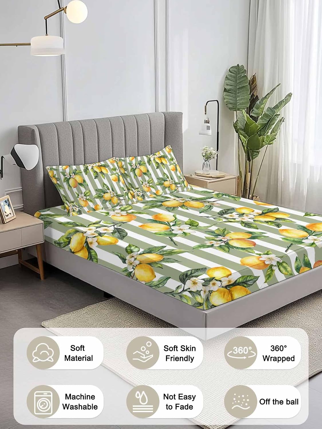 3 Pieces Twin Fitted Sheet Set, Vintage Farm Lemon Flowers Deep Pocket Up to 16", Yellow Fruit on Sage Green Stripe Soft Elastic Bed Sheets and Pillow Cases Secure Fit