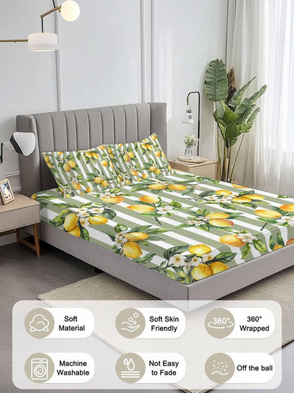 3 Pieces Twin Fitted Sheet Set, Vintage Farm Lemon Flowers Deep Pocket Up to 16", Yellow Fruit on Sage Green Stripe Soft Elastic Bed Sheets and Pillow Cases Secure Fit
