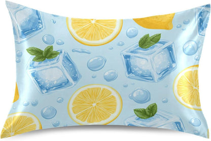 Satin Pillowcase for Hair Skin, Blue Ice Cubes Yellow Lemon Smooth Cooling Pillow Case Wrinkle Free Standard