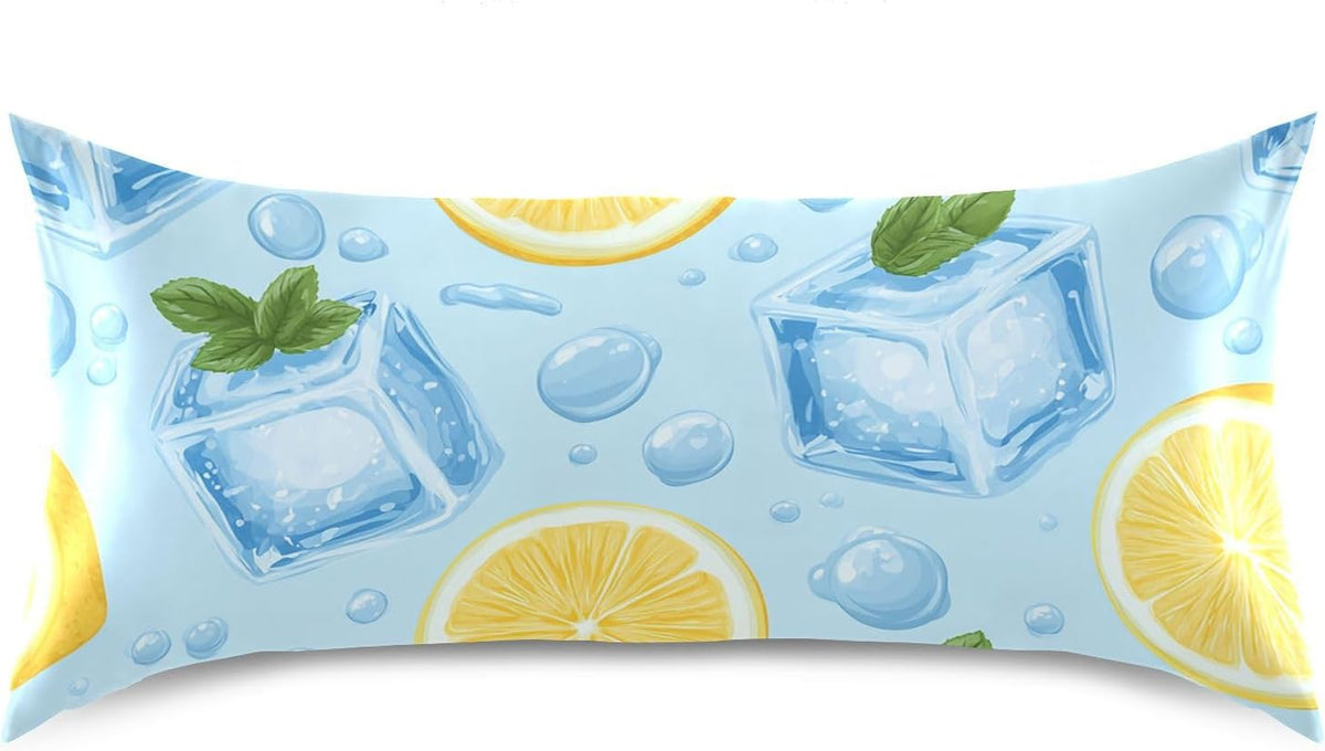 Satin Pillowcase for Hair Skin, Blue Ice Cubes Yellow Lemon Smooth Cooling Pillow Case Wrinkle Free Standard