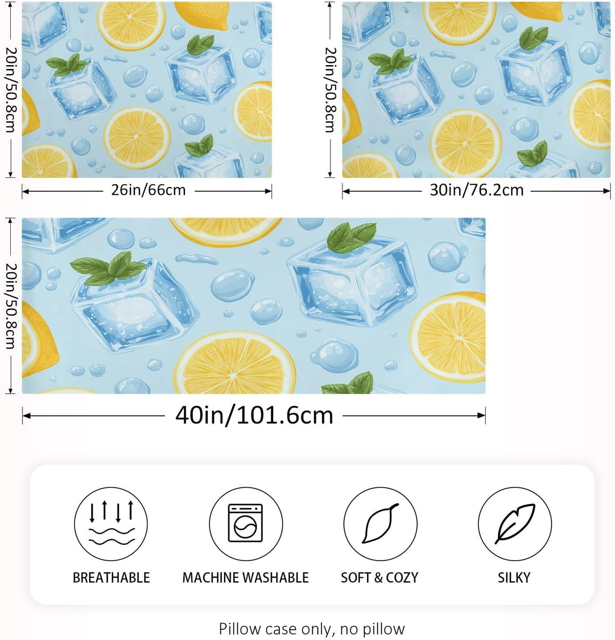 Satin Pillowcase for Hair Skin, Blue Ice Cubes Yellow Lemon Smooth Cooling Pillow Case Wrinkle Free Standard