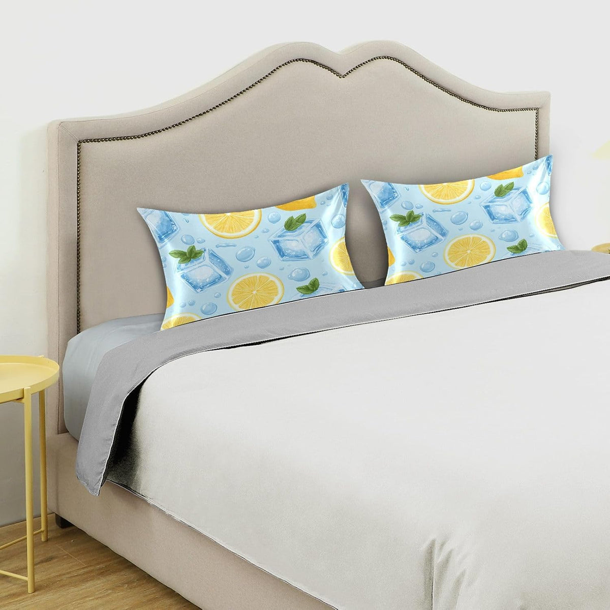 Satin Pillowcase for Hair Skin, Blue Ice Cubes Yellow Lemon Smooth Cooling Pillow Case Wrinkle Free Standard