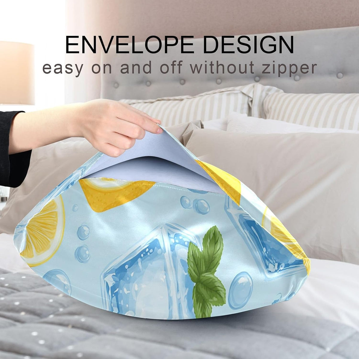 Satin Pillowcase for Hair Skin, Blue Ice Cubes Yellow Lemon Smooth Cooling Pillow Case Wrinkle Free Standard
