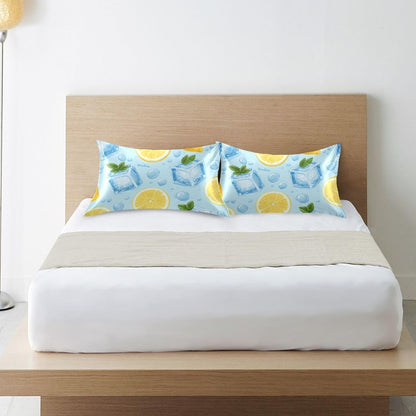 Satin Pillowcase for Hair Skin, Blue Ice Cubes Yellow Lemon Smooth Cooling Pillow Case Wrinkle Free Standard