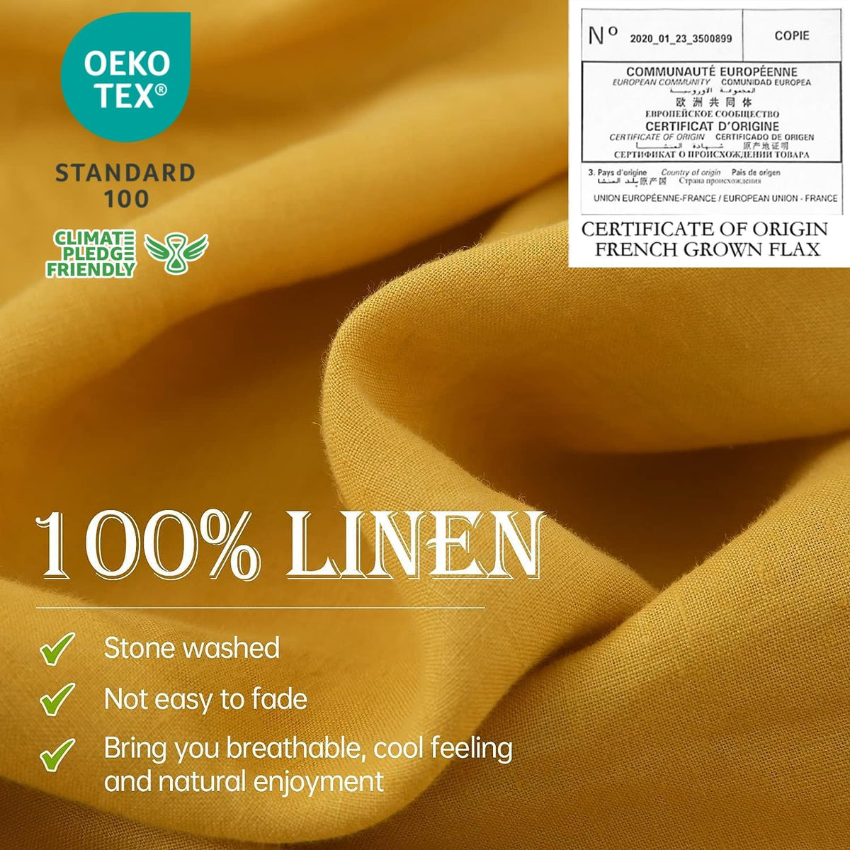 100% Linen Sheet Set 4pcs Basic Style, Deep Pocket, Natural French Washed Flax Solid Color Soft Breathable Bed Sheets - Mustard Yellow, Queen