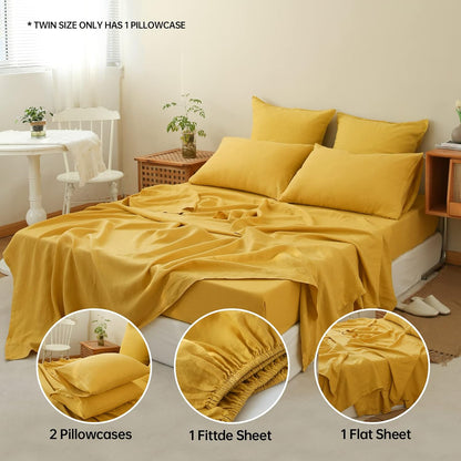 100% Linen Sheet Set 4pcs Basic Style, Deep Pocket, Natural French Washed Flax Solid Color Soft Breathable Bed Sheets - Mustard Yellow, Queen