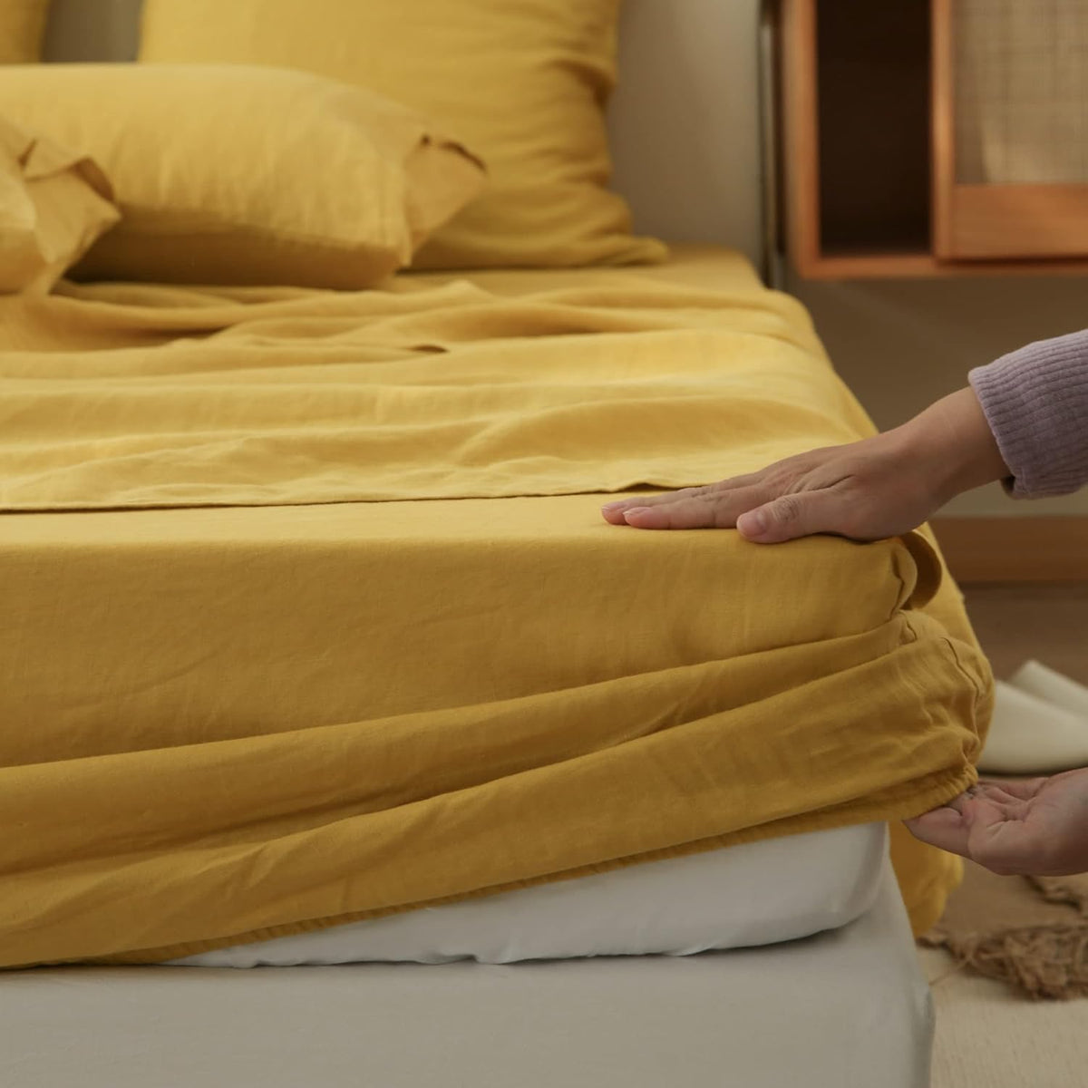 100% Linen Sheet Set 4pcs Basic Style, Deep Pocket, Natural French Washed Flax Solid Color Soft Breathable Bed Sheets - Mustard Yellow, Queen