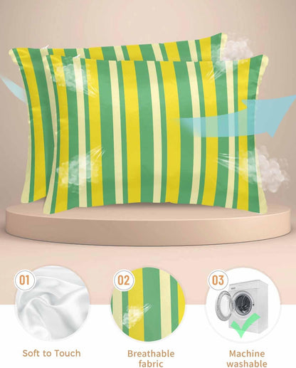 Satin Pillowcases Standard Size, Lemon Green Yellow Silk Pillow Cases for Hair and Skin with Zipper 2 Pack, Summer Modern Farmhouse Striped Smooth Throw Pillow Covers for Sleeping, 20"x26"