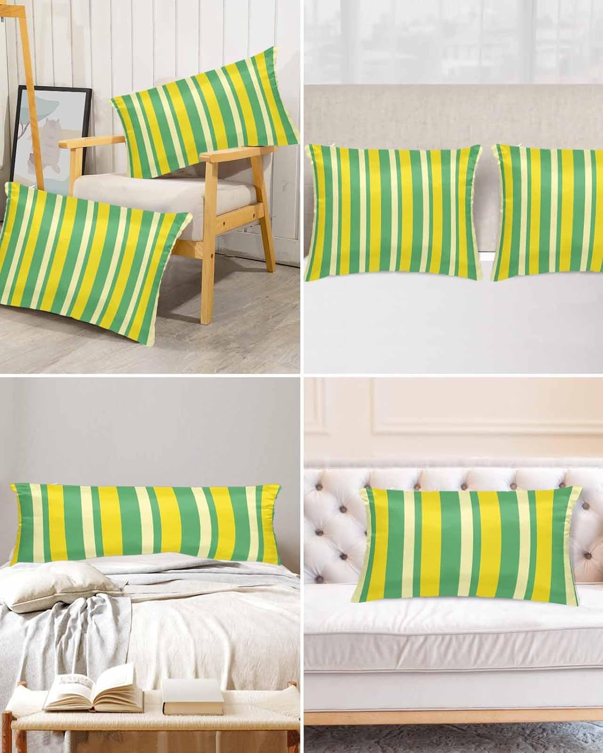 Satin Pillowcases Standard Size, Lemon Green Yellow Silk Pillow Cases for Hair and Skin with Zipper 2 Pack, Summer Modern Farmhouse Striped Smooth Throw Pillow Covers for Sleeping, 20"x26"
