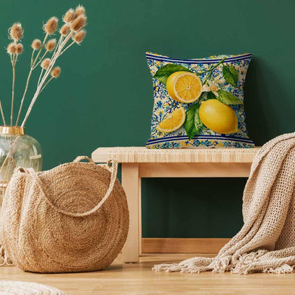 Lemon Yellow and Blue Throw Pillow Cover 18x18,Mediterranean Summer Italian Themed Tile Flower Pattern Decorative Cushion Cover,Linen Blend Square Pillowcase for Sofa Couch Bed