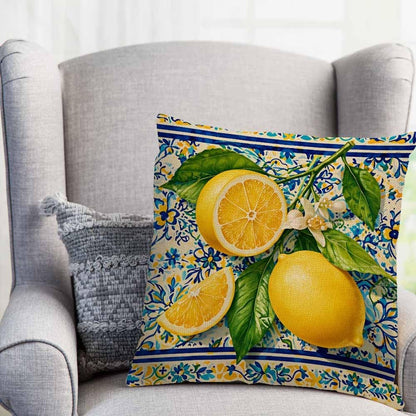 Lemon Yellow and Blue Throw Pillow Cover 18x18,Mediterranean Summer Italian Themed Tile Flower Pattern Decorative Cushion Cover,Linen Blend Square Pillowcase for Sofa Couch Bed