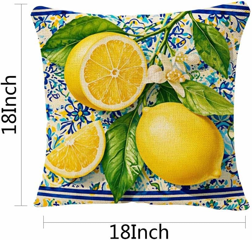 Lemon Yellow and Blue Throw Pillow Cover 18x18,Mediterranean Summer Italian Themed Tile Flower Pattern Decorative Cushion Cover,Linen Blend Square Pillowcase for Sofa Couch Bed