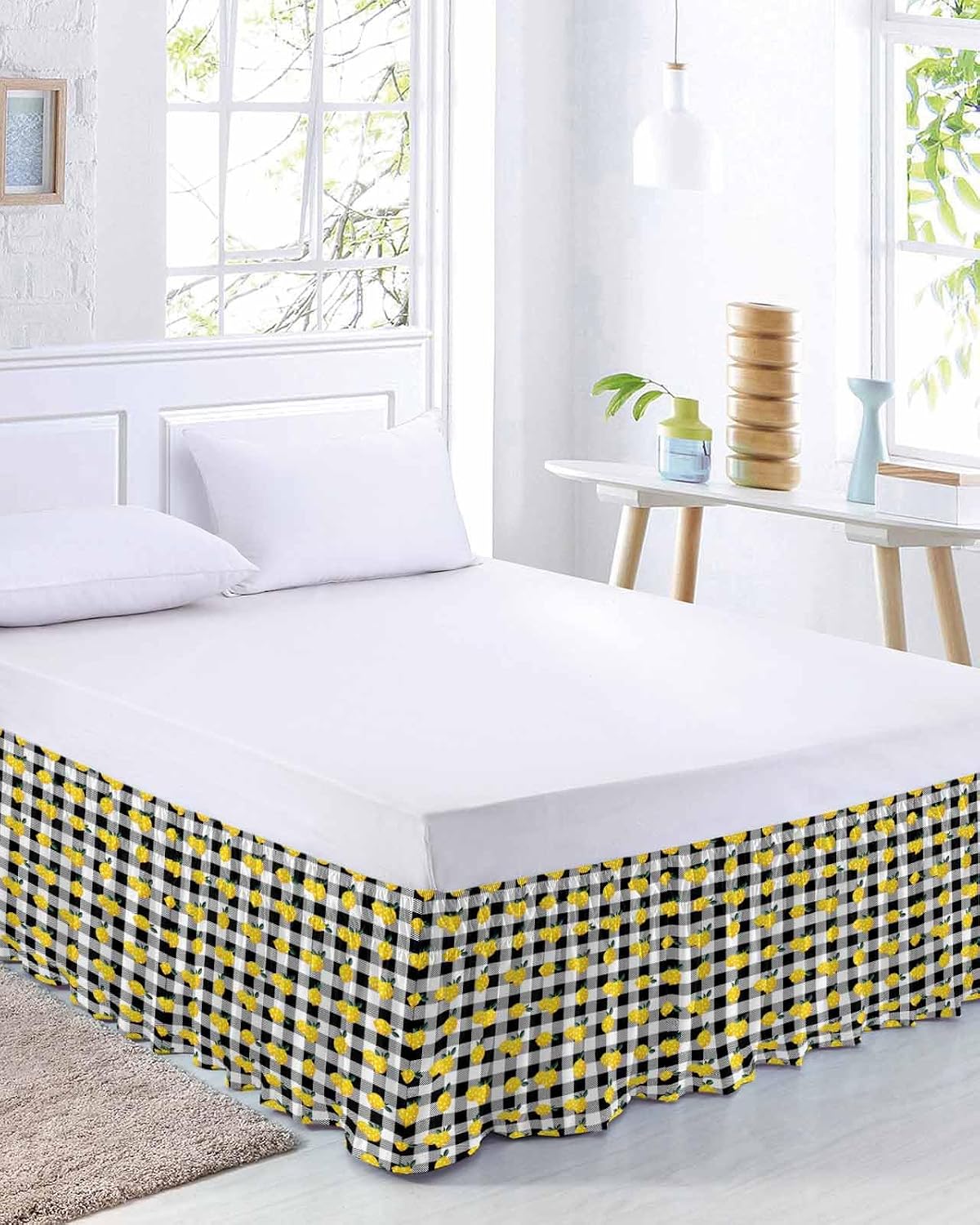 Yellow Lemons Bed Skirt Queen Size 16 Inch Drop, Adjustable Elastic Wrap Around Bed Skirts Easy Fitting Dust Ruffle Bedskirt Bed Frame Cover Summer Botanical Black White Checkered