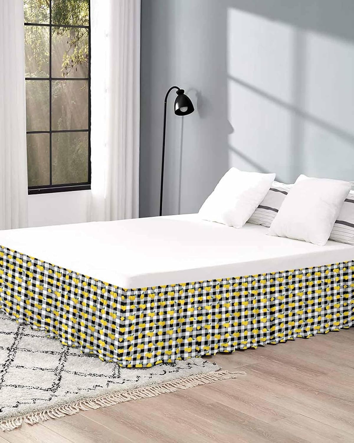 Yellow Lemons Bed Skirt Queen Size 16 Inch Drop, Adjustable Elastic Wrap Around Bed Skirts Easy Fitting Dust Ruffle Bedskirt Bed Frame Cover Summer Botanical Black White Checkered