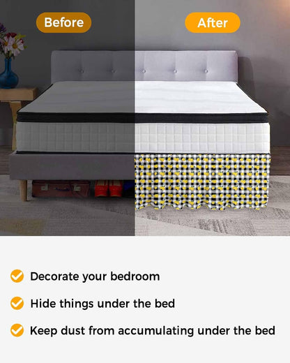 Yellow Lemons Bed Skirt Queen Size 16 Inch Drop, Adjustable Elastic Wrap Around Bed Skirts Easy Fitting Dust Ruffle Bedskirt Bed Frame Cover Summer Botanical Black White Checkered