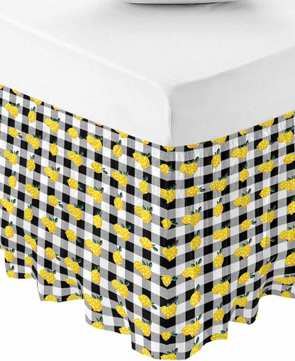 Yellow Lemons Bed Skirt Queen Size 16 Inch Drop, Adjustable Elastic Wrap Around Bed Skirts Easy Fitting Dust Ruffle Bedskirt Bed Frame Cover Summer Botanical Black White Checkered