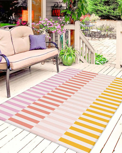 Outdoor Rug, Pink Rose Yellow Peach Stripes Absorbant Non-Slip Area Rugs Mat Carpet for Patio Balcony Porch Backyard Deck Rv Camping 4x6 ft Abstract Pinstripes