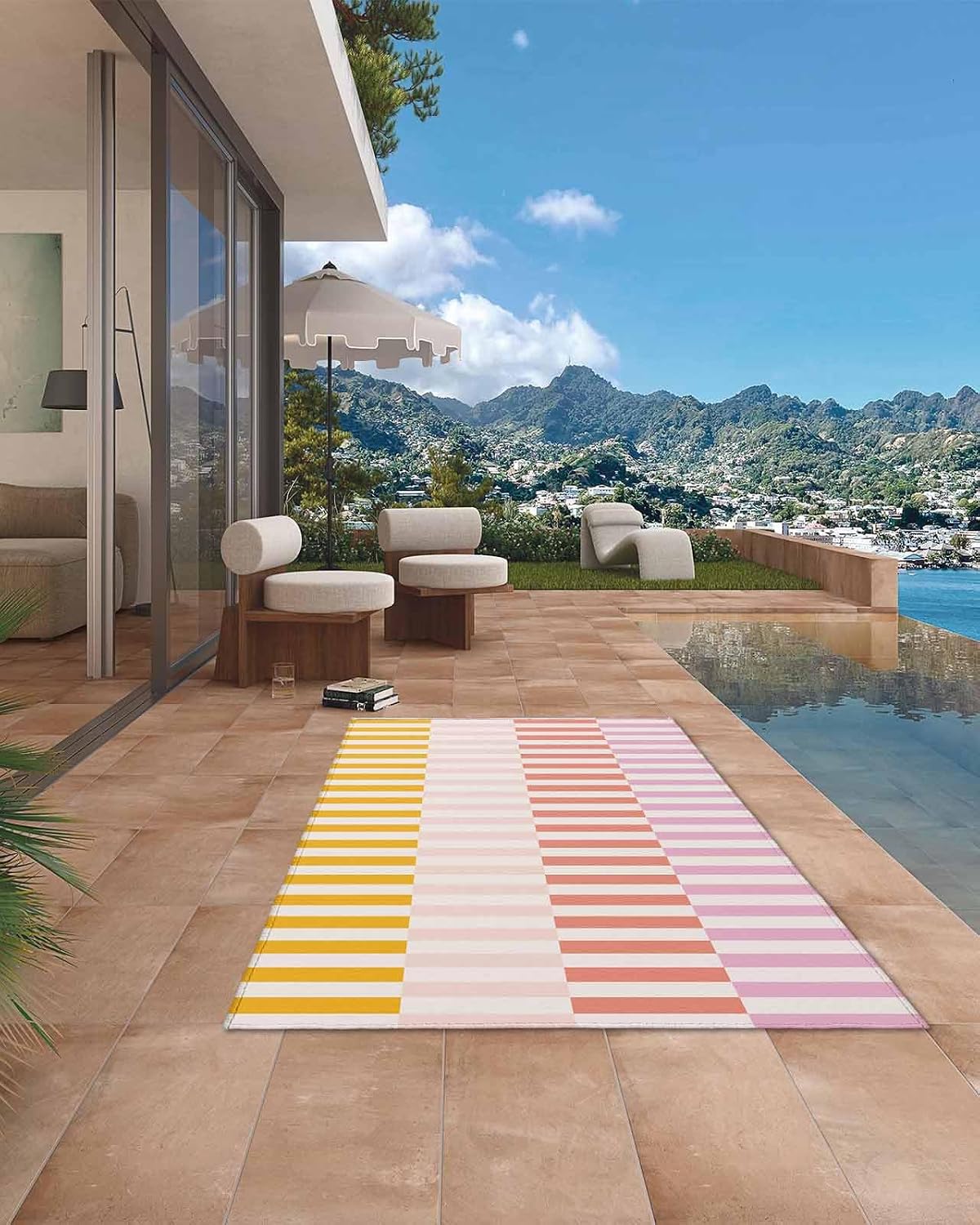 Outdoor Rug, Pink Rose Yellow Peach Stripes Absorbant Non-Slip Area Rugs Mat Carpet for Patio Balcony Porch Backyard Deck Rv Camping 4x6 ft Abstract Pinstripes