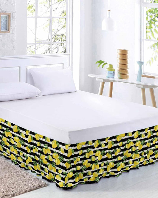 Yellow Lemons Bed Skirt Queen Size 16 Inch Drop, Adjustable Elastic Wrap Around Bed Skirts Easy Fitting Dust Ruffle Bedskirt Bed Frame Cover Summer Citrus Fruits Leaves Black Stripes