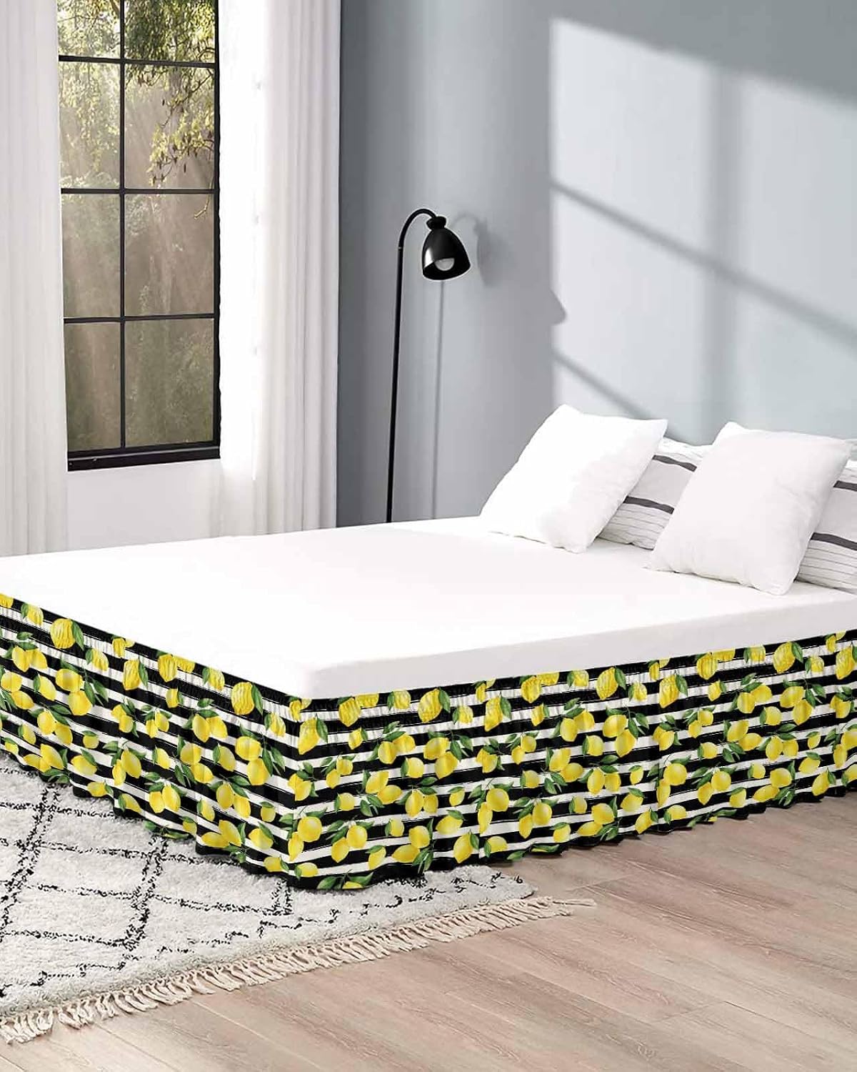 Yellow Lemons Bed Skirt Queen Size 16 Inch Drop, Adjustable Elastic Wrap Around Bed Skirts Easy Fitting Dust Ruffle Bedskirt Bed Frame Cover Summer Citrus Fruits Leaves Black Stripes