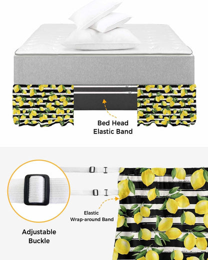 Yellow Lemons Bed Skirt Queen Size 16 Inch Drop, Adjustable Elastic Wrap Around Bed Skirts Easy Fitting Dust Ruffle Bedskirt Bed Frame Cover Summer Citrus Fruits Leaves Black Stripes
