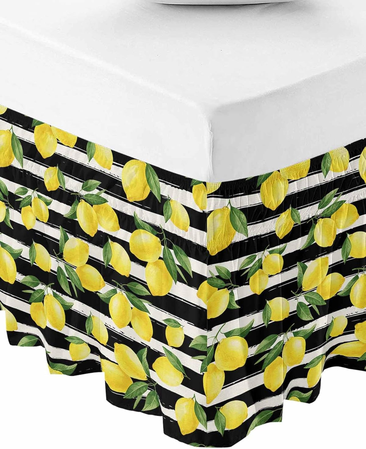 Yellow Lemons Bed Skirt Queen Size 16 Inch Drop, Adjustable Elastic Wrap Around Bed Skirts Easy Fitting Dust Ruffle Bedskirt Bed Frame Cover Summer Citrus Fruits Leaves Black Stripes