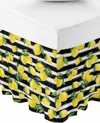 Yellow Lemons Bed Skirt Queen Size 16 Inch Drop, Adjustable Elastic Wrap Around Bed Skirts Easy Fitting Dust Ruffle Bedskirt Bed Frame Cover Summer Citrus Fruits Leaves Black Stripes