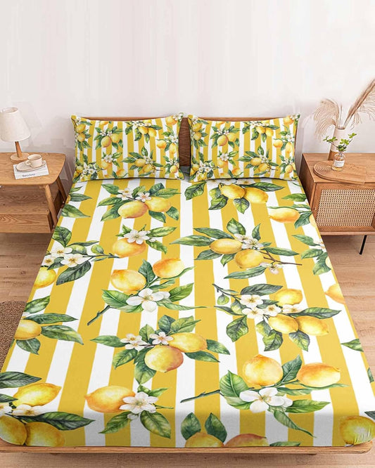 Farm Lemon Fruit Yellow Stripe Twin Bed Fitted Sheets Watercolor Flower Green Leaves Bed Set with 16" Deep Pocket for Single Bed,Soft Microfiber Bottom Sheet with Decorative Pillowcases