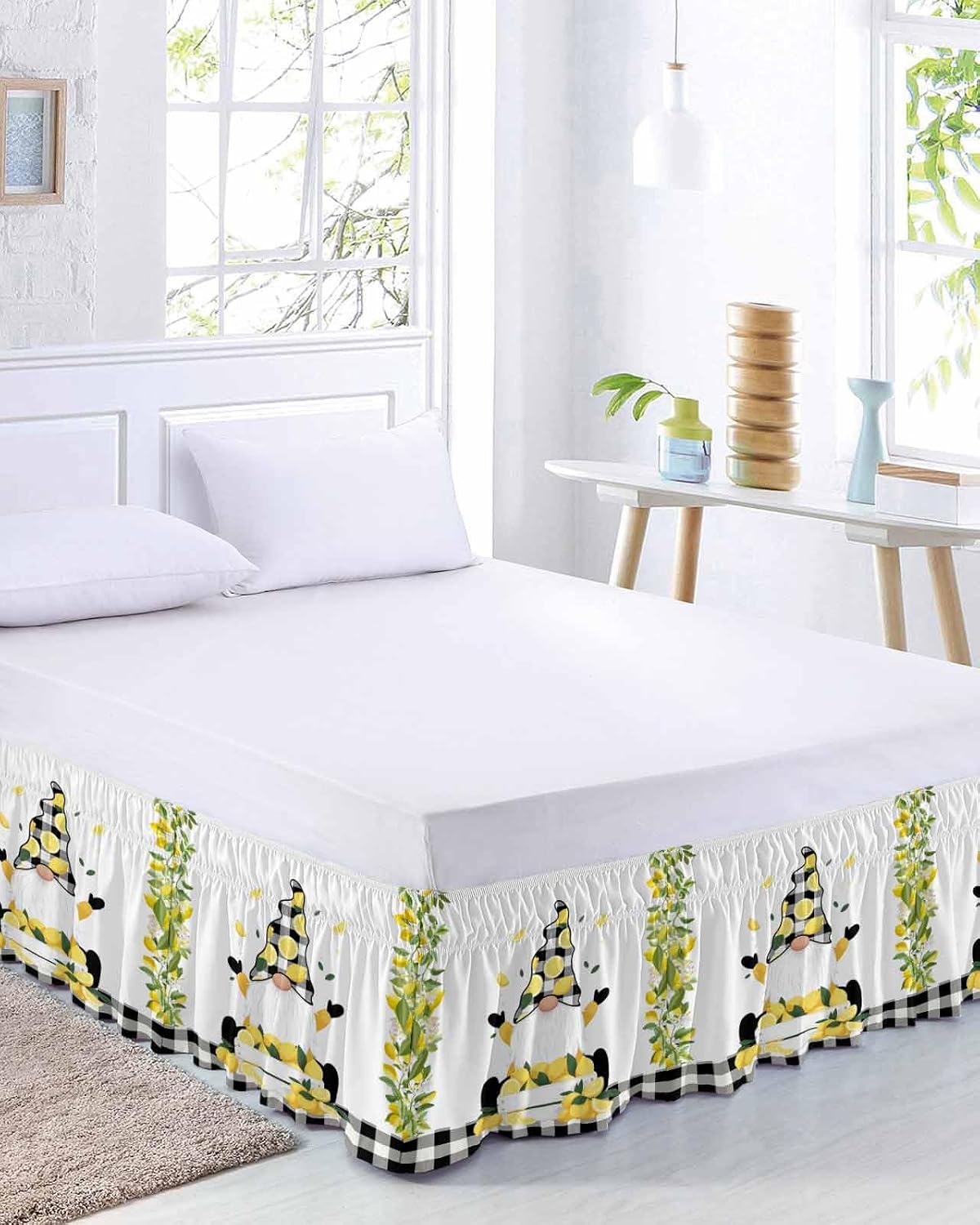Lemon Gnomes Bed Skirt Queen Size 16 Inch Drop, Adjustable Elastic Wrap Around Bed Skirts Easy Fitting Dust Ruffle Bedskirt Bed Frame Cover Summer Botanical Yellow Fruit Black Lattice