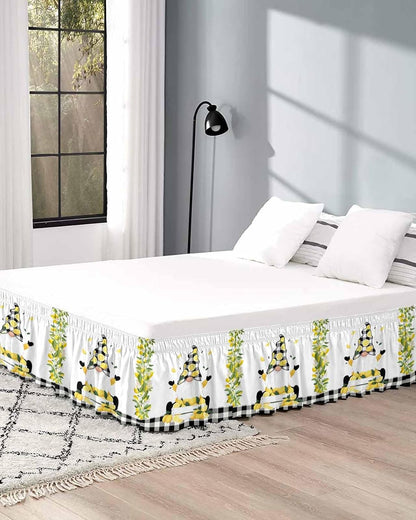 Lemon Gnomes Bed Skirt Queen Size 16 Inch Drop, Adjustable Elastic Wrap Around Bed Skirts Easy Fitting Dust Ruffle Bedskirt Bed Frame Cover Summer Botanical Yellow Fruit Black Lattice