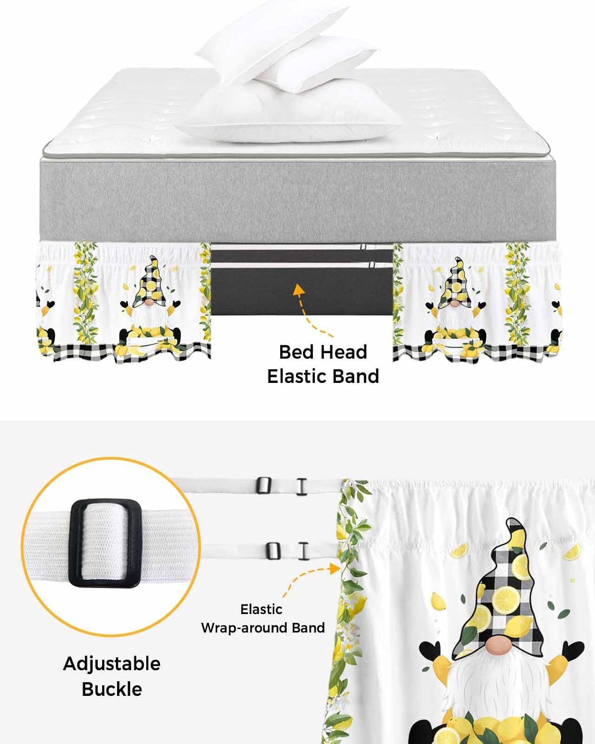 Lemon Gnomes Bed Skirt Queen Size 16 Inch Drop, Adjustable Elastic Wrap Around Bed Skirts Easy Fitting Dust Ruffle Bedskirt Bed Frame Cover Summer Botanical Yellow Fruit Black Lattice