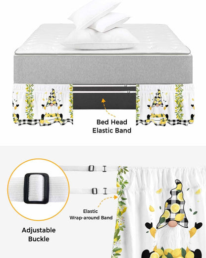 Lemon Gnomes Bed Skirt Queen Size 16 Inch Drop, Adjustable Elastic Wrap Around Bed Skirts Easy Fitting Dust Ruffle Bedskirt Bed Frame Cover Summer Botanical Yellow Fruit Black Lattice