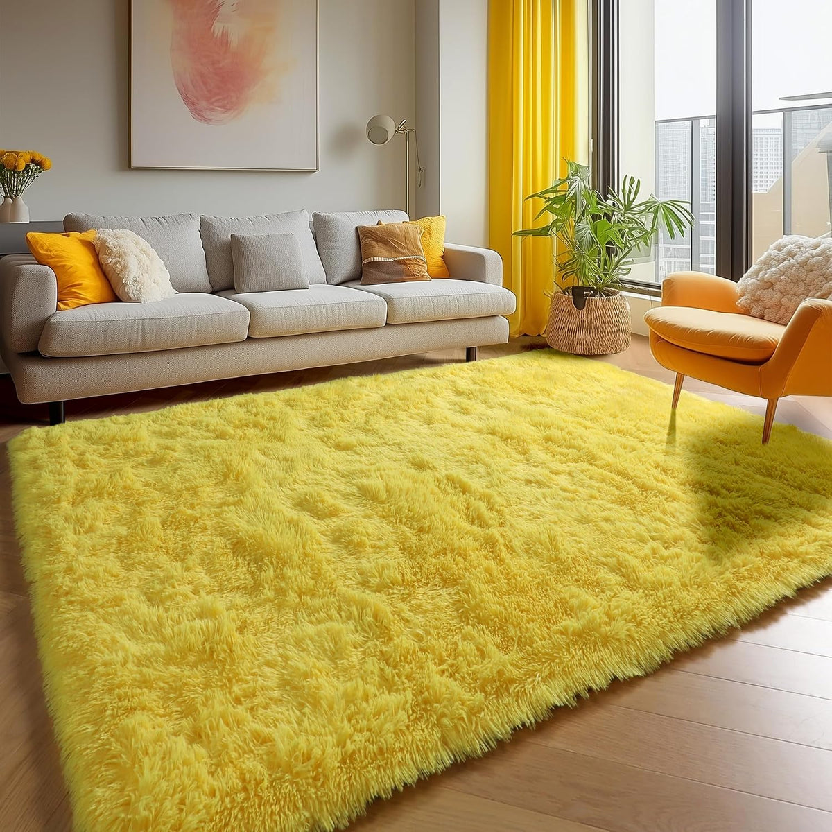 Yellow Area Rugs for Bedroom Living Room, Fluffy 4x6 Bedside Throw Shag Rug