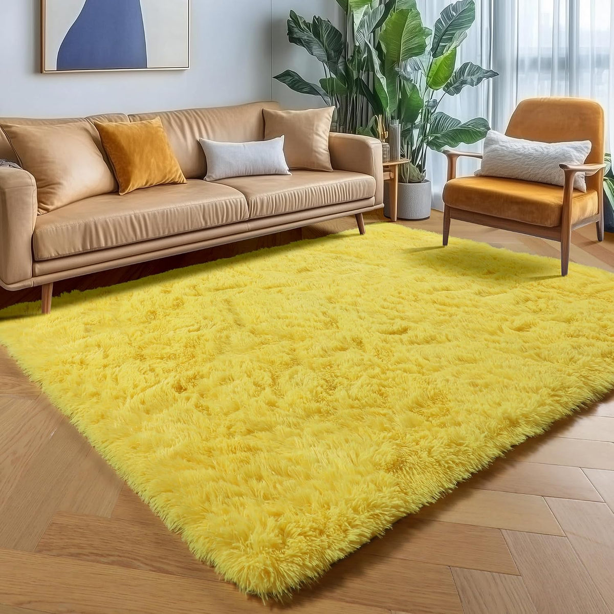Yellow Area Rugs for Bedroom Living Room, Fluffy 4x6 Bedside Throw Shag Rug