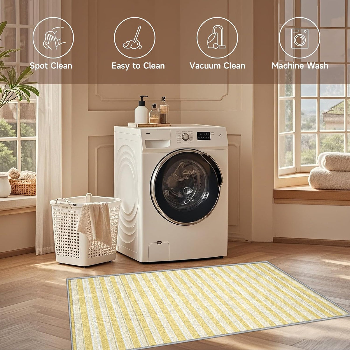 Yellow Stripes 2x3 Washable Rug for Entryway, Indoor Vertical Striped Door Mat, Non Slip Modern Art Small Carpet, Soft Low Pile Area Rugs for Entrance Kitchen Bedroom