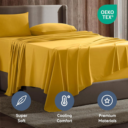 King Bed Sheet Set - Yellow - Instantly Soft Microfiber, No Break-in Wash - 4-Piece Deep Pocket Sheets & Pillowcases, Stays Put All Night