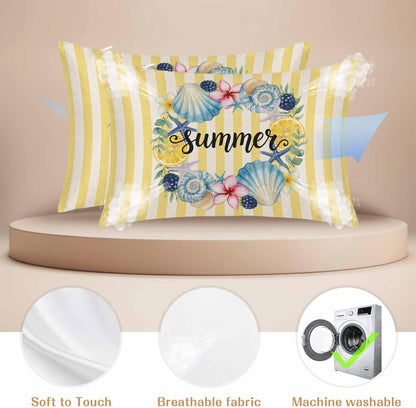 Summer King Standard Pillow Cases Set of 2, Lemons Starfish Flower Stripes Yellow Vintage Satin Pillow Case Cover with Smooth Hidden Zipper Closure, Soft Throw Pillow Covers Cases 20X36 Inch