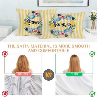 Summer King Standard Pillow Cases Set of 2, Lemons Starfish Flower Stripes Yellow Vintage Satin Pillow Case Cover with Smooth Hidden Zipper Closure, Soft Throw Pillow Covers Cases 20X36 Inch
