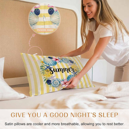 Summer King Standard Pillow Cases Set of 2, Lemons Starfish Flower Stripes Yellow Vintage Satin Pillow Case Cover with Smooth Hidden Zipper Closure, Soft Throw Pillow Covers Cases 20X36 Inch