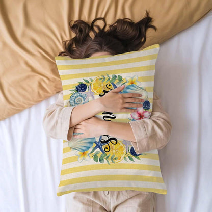 Summer King Standard Pillow Cases Set of 2, Lemons Starfish Flower Stripes Yellow Vintage Satin Pillow Case Cover with Smooth Hidden Zipper Closure, Soft Throw Pillow Covers Cases 20X36 Inch