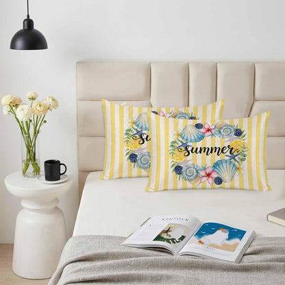 Summer King Standard Pillow Cases Set of 2, Lemons Starfish Flower Stripes Yellow Vintage Satin Pillow Case Cover with Smooth Hidden Zipper Closure, Soft Throw Pillow Covers Cases 20X36 Inch