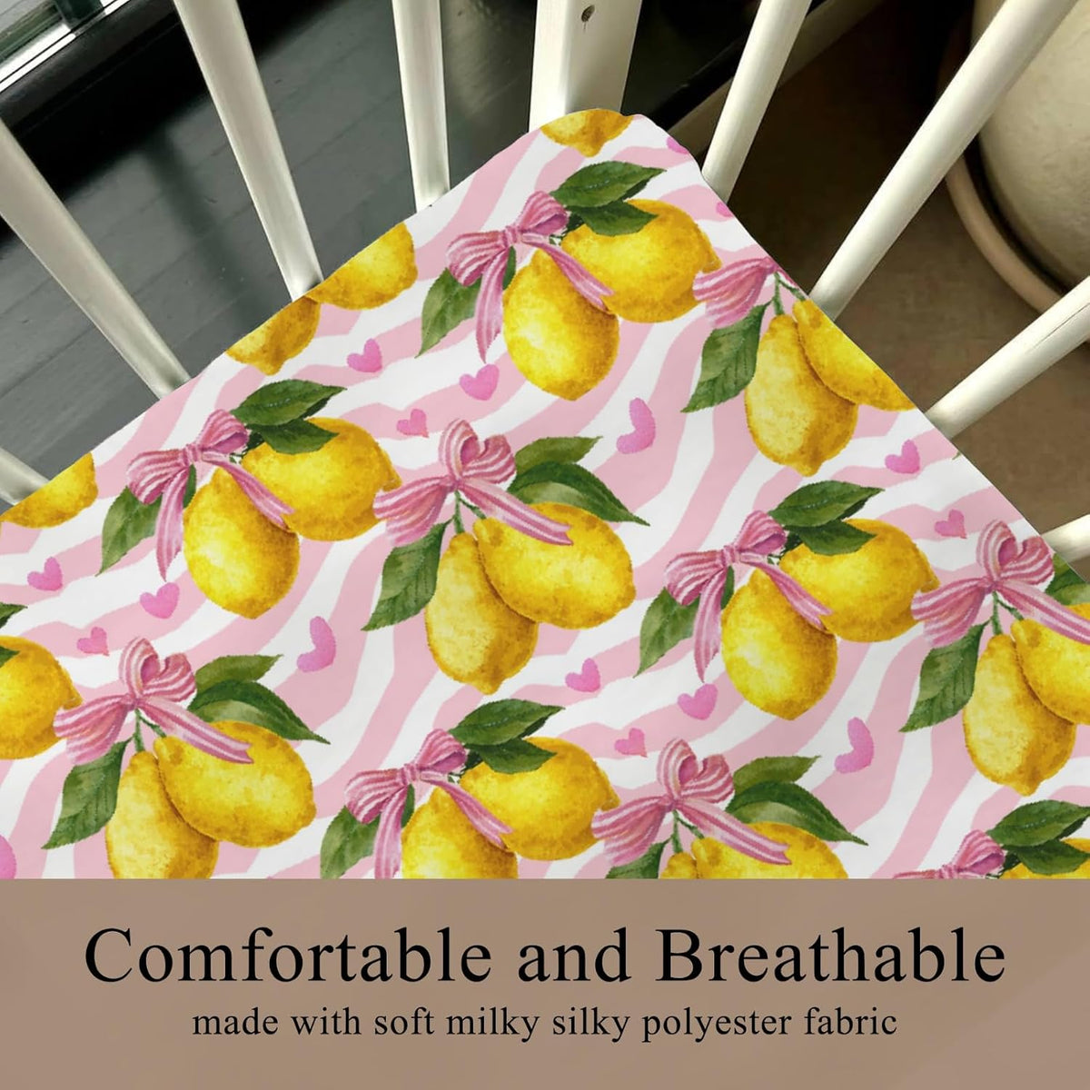 Cute Lemons Bows Stripes Pink Baby Crib Sheets for Boy Girl 52x28Inch Yellow Lemon Heart Baby Sheet for Standard Crib and Toddler Bed Mattress Nursery Summer Fruit Bed Mattress Sheets