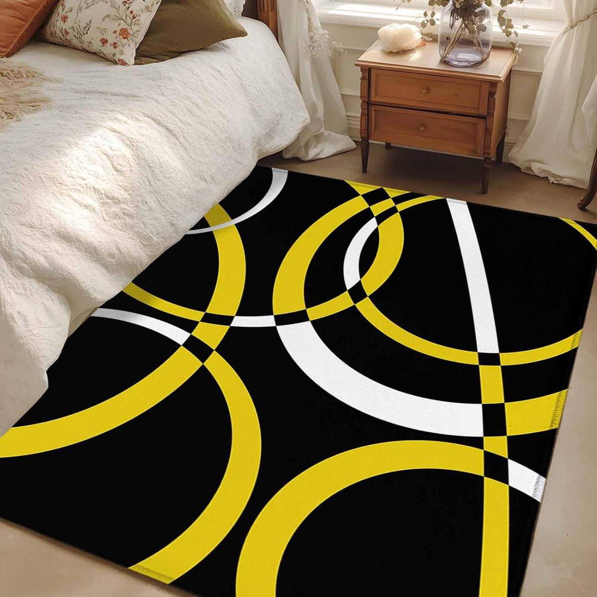 4x6 Modern Abstract Art Area Rug for Bedroom Small Living Room, Washable Low Pile Non Slip Rug Yellow White Geometric Circle