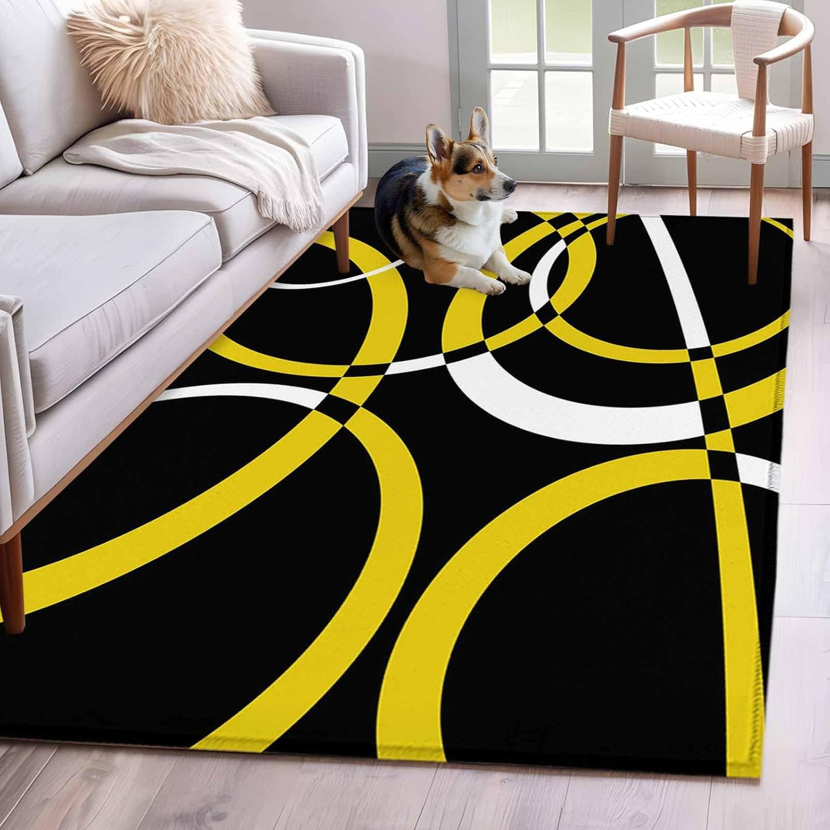 4x6 Modern Abstract Art Area Rug for Bedroom Small Living Room, Washable Low Pile Non Slip Rug Yellow White Geometric Circle