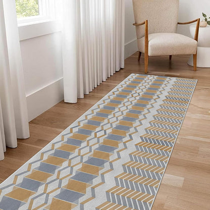 4x6ft Geometric Abstract Design Non-Slip Area Rug – Soft Low Pile Modern Simplicity,Machine Washable Living Room Rug for Bedroom, Hallway – Easy Clean Decorative Home Carpet Yellow Q1794