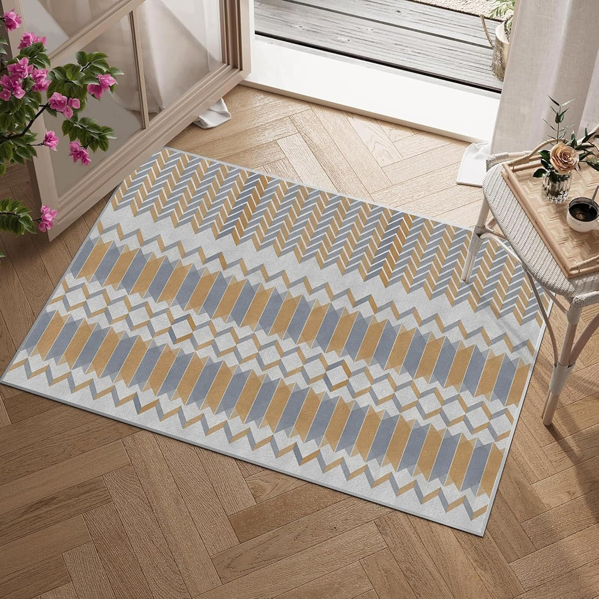 4x6ft Geometric Abstract Design Non-Slip Area Rug – Soft Low Pile Modern Simplicity,Machine Washable Living Room Rug for Bedroom, Hallway – Easy Clean Decorative Home Carpet Yellow Q1794